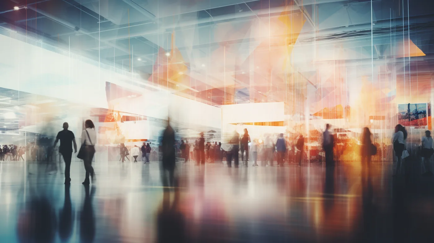 Illustrative exhibition hall with visitors and stands